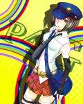  bare_shoulders belt belt_buckle elbow_gloves fingerless_gloves gloves green_eyes hat mari_(persona) marie_(persona_4) messenger_bag necktie okiku_(ghre) persona persona_4 persona_4_the_golden plaid plaid_skirt safety_pin short_hair shoulder_bag skirt sleeveless sleeveless_shirt solo striped striped_legwear thighhighs 