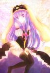  animal_hat bad_id bare_shoulders bird black_legwear blush cosplay detached_sleeves hat highres long_hair mawaru_penguindrum open_mouth patchouli_knowledge princess_of_the_crystal princess_of_the_crystal_(cosplay) purple_eyes purple_hair solo thigh-highs thighhighs touhou very_long_hair violet_eyes zinczinc_ka 