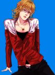  barnaby_brooks_jr blonde_hair blue_eyes glasses jacket jewelry male necklace red_jacket simple_background solo tiger_&amp;_bunny ua88 