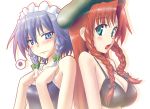  back-to-back bikini_top blue_eyes blue_hair bow braid breast_envy breasts cleavage fumotono_mikoto green_eyes hair_bow hat hong_meiling izayoi_sakuya large_breasts long_hair maid_headdress multiple_girls red_hair redhead school_swimsuit short_hair squiggle swimsuit the_embodiment_of_scarlet_devil touhou twin_braids 