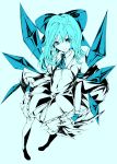  ahoge alternate_hairstyle ascot blue blue_eyes blue_hair bow cirno dress eyelashes hair_bow high_contrast highres ice ice_wings long_hair millipen_(medium) mixed_media monochrome nib_pen_(medium) perspective short_hair simple_background smile solo spot_color teenage touhou traditional_media wings wrist_cuffs yutapon 