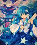  :&gt; acrylic_paint_(medium) alternate_color bad_id blue_eyes blue_hair cloud detached_sleeves frog full_moon gohei hair_ornament kochiya_sanae long_hair long_sleeves moon nanashina night shirt skirt sky smile snake solo star torii touhou traditional_media tree 