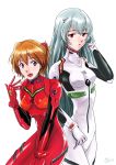  absurdres alternate_hair_length alternate_hairstyle ayanami_rei blue_eyes brown_hair hairstyle_switch highres long_hair multiple_girls neon_genesis_evangelion ogino plugsuit red_eyes short_hair silver_hair simple_background soryu_asuka_langley souryuu_asuka_langley 