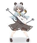  @yu animal_ears basket dress grey_hair highres mouse_ears mouse_tail nazrin open_mouth red_eyes short_hair simple_background solo tail touhou 