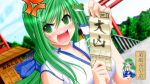  blush detached_sleeves feikaa frog green_eyes green_hair hair_ornament hair_ribbon kochiya_sanae long_hair omikuji open_mouth ribbon torii touhou translated translation_request 