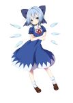  blue_eyes blue_hair bow cirno crossed_arms dress hair_bow highres ice ice_wings large_bow loafers pokachu ribbon shoes short_hair simple_background socks solo touhou white_legwear wings 