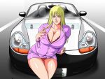  akimoto_katherine_reiko arm_behind_back blazer blonde_hair bra breast_hold breasts car cleavage formal garakuta-ya green_eyes hand_on_chest highres huge_breasts kochikame leaning lingerie long_hair long_nails nail_polish panties pantyshot solo standing 