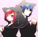  blue_eyes blue_hair cat_ears cat_hood hood hoodie kaito leash meiko open_mouth red_eyes red_hair redhead short_hair tsuyuka_(sunny_spot) vocaloid 