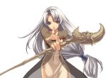  blue_eyes chaos_wars coat crescent_moon foreshortening hirano_katsuyuki idea_factory little_snow long_hair low-tied_long_hair moon rod see-through silver_hair simple_background solo spectral_(series) spectral_force staff white_background white_hair 