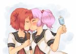  akaza_akari altorealize blush double_bun incipient_kiss multiple_girls mutual_yuri pink_hair popsicle red_hair redhead school_uniform short_twintails twintails yoshikawa_chinatsu yuri yuru_yuri 