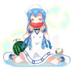  boots closed_eyes dress eating eyes_closed food fruit hat ikamusume kagura_(c_h_r_o_e) long_hair shinryaku!_ikamusume sitting tentacle_hair wariza watermelon 