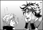  2boys age_regression earrings gloves greyscale hand_on_own_face jewelry jojo_no_kimyou_na_bouken joseph_joestar joseph_joestar_(young) kakyouin_noriaki monochrome multiple_boys saburo sweatdrop translated young 