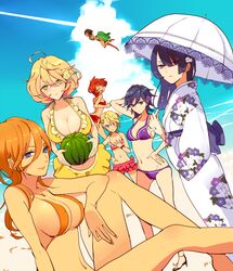  aijima_cecil bad_feet beach bikini bikini_skirt blonde_hair blue_eyes blue_hair blush breast_envy breasts cleavage dark_skin earrings flower flying food frilled_bikini frills fruit genderswap glasses green_eyes hair_flower hair_ornament hand_on_hip highres hijirikawa_masato ichinose_tokiya ittoki_otoya japanese_clothes jewelry jinguuji_ren kimono kurusu_shou large_breasts lastgray legs long_hair multiple_girls nail_polish navel necklace orange_hair parasol purple_eyes red_eyes red_hair shinomiya_natsuki short_hair sideboob staring_at_breasts swimsuit thighs umbrella uta_no_prince-sama watermelon 