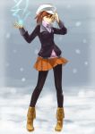  boots breath brown_eyes brown_hair electricity hat legs misaka_mikoto pantyhose skirt snow to_aru_kagaku_no_railgun to_aru_majutsu_no_index winter_clothes 