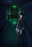  another another_(manga) another_(novel) black_hair dark doll exit_sign eyepatch hallway misaki_mei official_art red_eyes school_uniform solo standing 