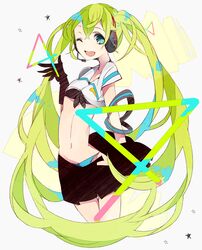  aqua_eyes bad_id chidori_(@rom) green_hair hatsune_miku headphones headset long_hair midriff navel open_mouth smile solo twintails very_long_hair vocaloid wink 