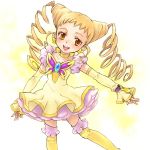  :d brooch brown_eyes butterfly choker cure_lemonade double_bun dress drill_hair earrings gloves jewelry kasugano_urara magical_girl open_mouth precure saikachi smile solo thigh-highs thighhighs twin_drills twintails yellow yellow_background yellow_dress yellow_legwear yes!_precure_5 