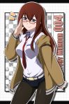  belt bespectacled blue_eyes blush brown_hair glasses jacket legwear_under_shorts long_hair makise_kurisu necktie pantyhose shorts smile solo steins;gate 