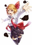  adapted_costume black_legwear blonde_hair buttons necktie outstretched_arms outstretched_hand red_eyes rumia short_hair simple_background solo spread_arms sukocchi teenage the_embodiment_of_scarlet_devil thigh-highs thighhighs touhou youkai zettai_ryouiki 