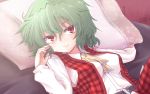  ascot bed belt breasts bust dress_shirt green_hair kazami_yuuka kotojima_motoki looking_at_viewer lying on_back pillow red_eyes shirt short_hair smile solo touhou youkai 