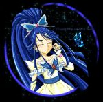  bare_shoulders black_background blue_hair brooch butterfly butterfly_hair_ornament closed_eyes cure_aqua earrings eyes_closed frills hair_ornament jewelry long_hair magical_girl maryu minazuki_karen ponytail precure ruffles solo sparkle yes!_precure_5 