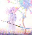  barefoot empty_eyes flower hakudoushi highres inuyasha japanese_clothes lavender_hair long_hair male oroshigane pale_color pale_colors purple_eyes solo standing violet_eyes weapon wide_sleeves 