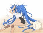  ass bandage bandages blue_hair buruma green_eyes gym_uniform izumi_konata komo_egg long_hair lucky_star on_side ponytail solo volleyball 