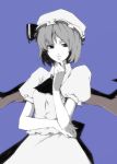  alternate_hairstyle ascot brooch hand_on_chin hand_to_chin hands hat jewelry lefthand light_smile lips monochrome puffy_sleeves remilia_scarlet short_hair short_sleeves simple_background solo teenage touhou wings 