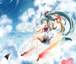  aqua_eyes aqua_hair bird bow cloud flying hatsune_miku heart highres kame^^ long_hair open_mouth project_diva project_diva_extend ribbon sekiranun_graffiti_(vocaloid) shorts sky smile solo twintails very_long_hair vocaloid 