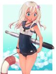 1girl :o blonde_hair blue_eyes bracelet clothes_writing collarbone covered_navel crop_top double_vertical_stripe flower hair_flower hair_ornament hato_haru japanese_flag jewelry kantai_collection lifebuoy long_hair looking_down one-piece_tan open_mouth ro-500_(kantai_collection) school_swimsuit school_uniform serafuku solo swimsuit swimsuit_under_clothes tan tanline torpedo 
