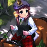  arcana_heart artist_request blue_eyes brown_hair cap checkered cropped eyebrows fiona_mayfield gloves hair_bobbles hair_ornament hat horse horseback_riding long_hair necktie official_art pants riding saddle shade shirt sleeveless solo squirrel twintails v-neck 