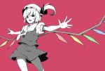  flandre_scarlet lefthand monochrome open_mouth outstretched_arms outstretched_hand partially_colored short_hair side_ponytail simple_background smile solo spot_color spread_arms the_embodiment_of_scarlet_devil touhou wings 