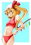  bikini blonde_hair bow face flandre_scarlet flat_chest fu_kon hair_bow hat long_hair midriff red_eyes side_ponytail solo swimsuit teenage the_embodiment_of_scarlet_devil touhou wings 