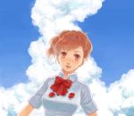  bow brown_hair female_protagonist_(persona_3) hair_ornament headphones ipcen persona persona_3 persona_3_portable red_eyes ribbon school_uniform sky smile solo 