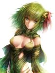  1girl breasts capelet cleavage final_fantasy final_fantasy_iv green_eyes green_hair hair_ornament kara_(color) parted_lips rydia simple_background solo 