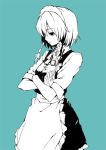  apron bow braid crossed_arms expressionless hair_bow izayoi_sakuya knife lefthand maid monochrome short_hair simple_background solo throwing_knife touhou twin_braids waist_apron weapon 