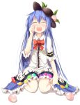  blue_hair blush closed_eyes crying efe eyes_closed food fruit hand_on_own_face hand_to_face hat hinanawi_tenshi long_hair open_mouth peach shirt sitting skirt solo tears touhou wariza 