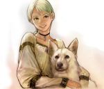  1girl blonde_hair blouse blue_eyes brooch brown_eyes capcom choker demento dog fiona_belli hair_tie hewie holding long_hair official_art parted_lips ponytail simple_background smile 