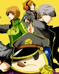  bad_id brown_eyes brown_hair hanamura_yousuke hat headphones jacket jersey kuma_(persona_4) narukami_yuu persona persona_4 persona_4:_the_ultimate_in_mayonaka_arena satonaka_chie school_uniform short_hair skirt smiley_face track_jacket 