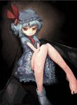  ascot bad_id bare_legs barefoot bat_wings blue_dress blue_hair bow dainishiba dress feet hat hat_bow orange_eyes remilia_scarlet short_hair short_sleeves single_shoe single_sock sitting smile socks solo touhou v_arms wings 