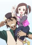  1girl age_difference braid brown_eyes brown_hair cabbie_hat ekra facial_hair father_and_daughter hair_ornament hairclip hat kaburagi_kaede kaburagi_t_kotetsu male necktie one_side_up salute short_hair stubble tiger_&amp;_bunny v vest waistcoat watch wink wristwatch 