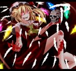  barefoot blonde_hair blood blood_on_clothes blood_on_face bloody_clothes crazy_eyes fangs flandre_scarlet glowing glowing_eyes hat letterboxed navel open_mouth outstretched_arm red_eyes rion_(jirobass) short_hair skull smile touhou wings 