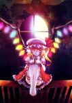  absurdres barefoot blonde_hair bloomers crystal flandre_scarlet frills glowing glowing_eyes hands_on_knees hat hat_ribbon highres railing red_eyes ribbon side_ponytail sitting solo torisuke_(koinohito) touhou upskirt window wings 