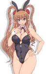  bare_legs blue_eyes breasts brown_hair bunny_ears bunnysuit cleavage detached_collar highres hips kihaiu long_hair neige_hausen pointy_ears ribbon super_robot_wars super_robot_wars_og_saga_mugen_no_frontier super_robot_wars_og_saga_mugen_no_frontier_exceed tongue wide_hips wrist_cuffs zipper 
