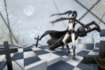  belt bikini_top black_hair black_rock_shooter black_rock_shooter_(character) blue_fire blue_flame boots cannon chain chains checkered checkered_floor crack cross cross_akiha fire full_moon highres jacket katana midriff moon navel scar shorts solo sword twintails weapon 