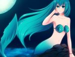  blue_hair fukufuku green hatsune_miku long_hair mermaid moon night open_mouth sea solo_girl vocaloid 