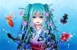  aqua_eyes aqua_hair blacksio bubble fish flower goldfish hair_flower hair_ornament hatsune_miku highres japanese_clothes kimono long_hair morning_glory obi open_mouth solo twintails underwater vocaloid 