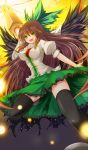  arm_cannon blouse bow brown_hair green_eyes hair_bow inu3 long_hair open_mouth reiuji_utsuho skirt solo thigh-highs thighhighs touhou very_long_hair weapon wings 