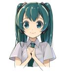  1girl domo1220 green_eyes green_hair hands_together hatsune_miku headphones lowres necktie smile solo twintails vocaloid 