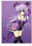  absurdres animal_ears bare_shoulders black_legwear bunny_ears bunny_tail collarbone detached_sleeves dress hair_ornament hairclip highres leaning_forward long_hair looking_at_viewer mitha necktie open_mouth original purple_eyes purple_hair solo tail thigh-highs thighhighs very_long_hair violet_eyes 